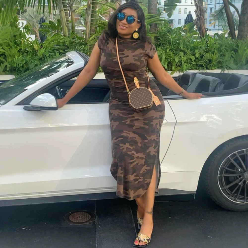 African Fashion Camouflage Print Short Sleeve Slim Fit Slit Maxi Dress